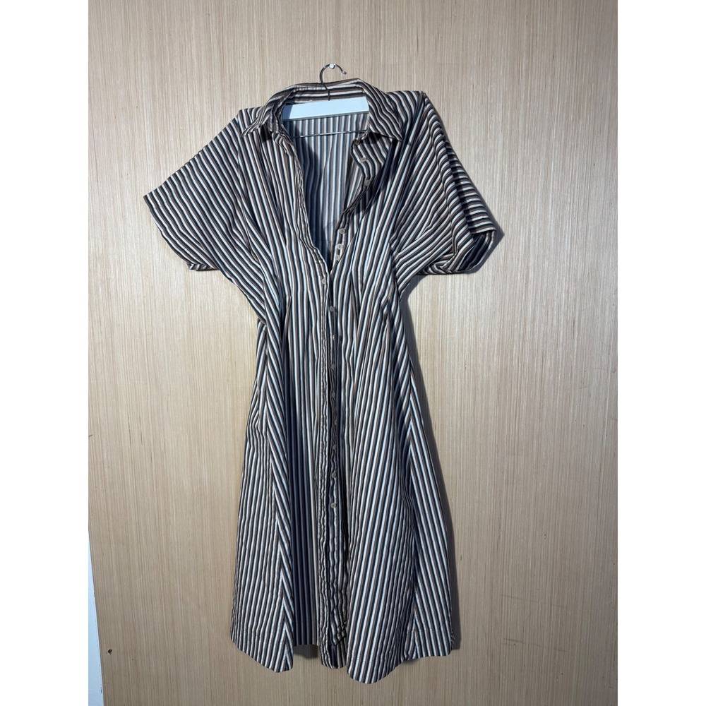 Exquise Tobie Brown Stripe Button Down Shirt Dress Short Sleeve